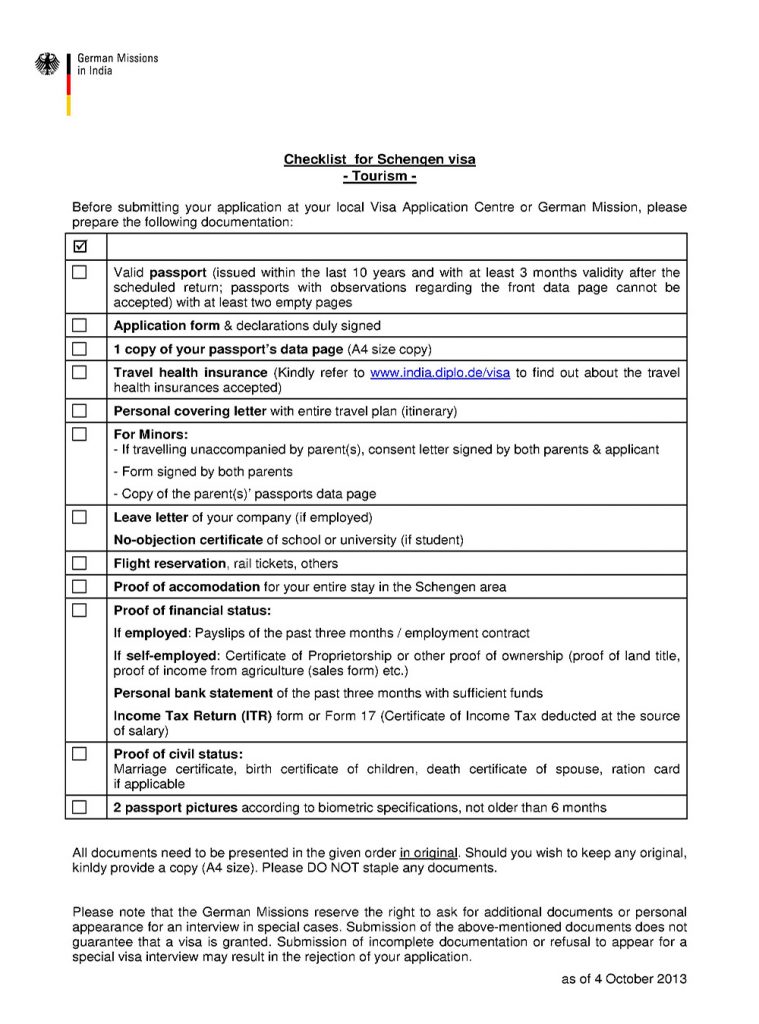 Checklist for Tourist Schengen Visa